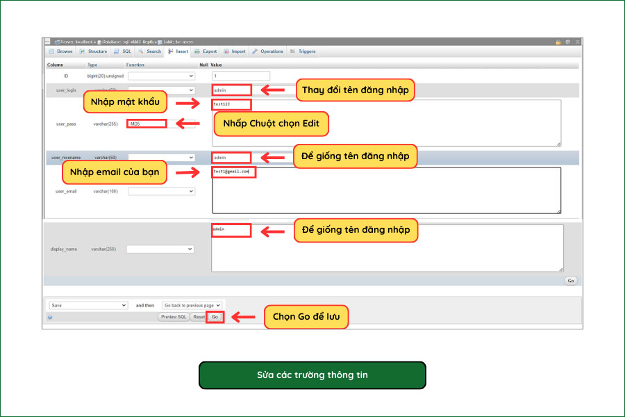 Hướng thay đổi thông tin đăng nhập sau khi import file giao diện website